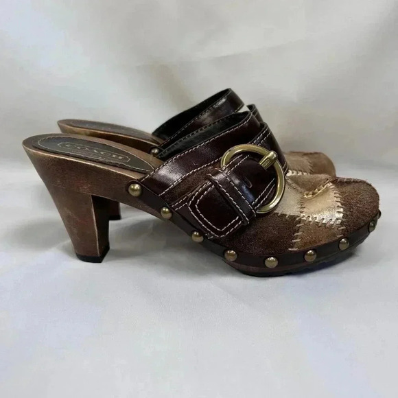 Coach Sebrina Studded Leather Suede Patchwork Clogs Size 5.5 Boho Retro - Picture 1 of 10